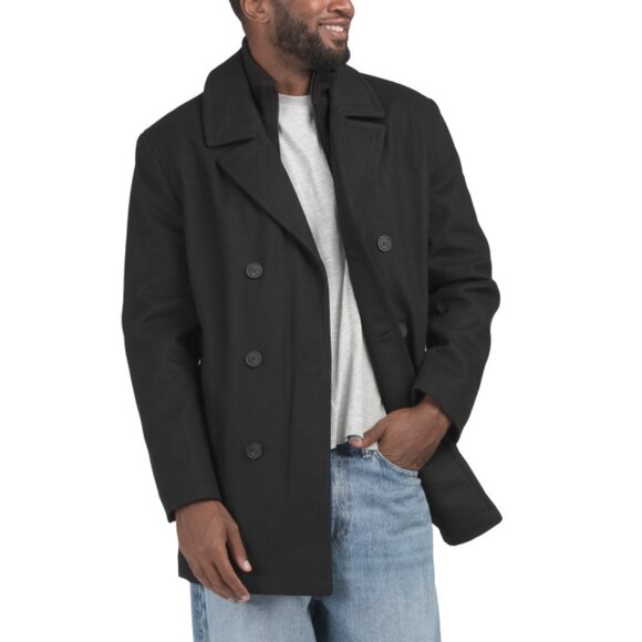 ANDREW MARC Black Wool Blend Burnett Peacoat With Inner Knit Bib - Picture 1 of 2